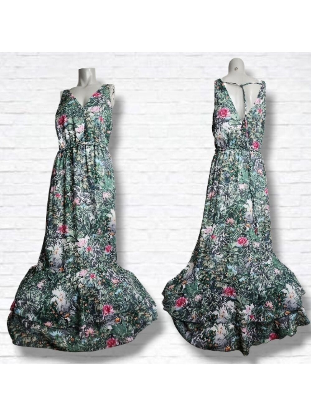 H&M Conscious Collection Green Tropical Print Floor Length Dress Size 10 - Picture 1 of 14